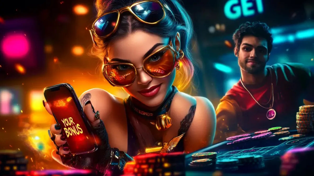 Close-up de uma mulher com óculos de sol segurando um celular que exibe a mensagem YOUR BONUS em letras de fogo, com um homem e uma mesa de cassino ao fundo.