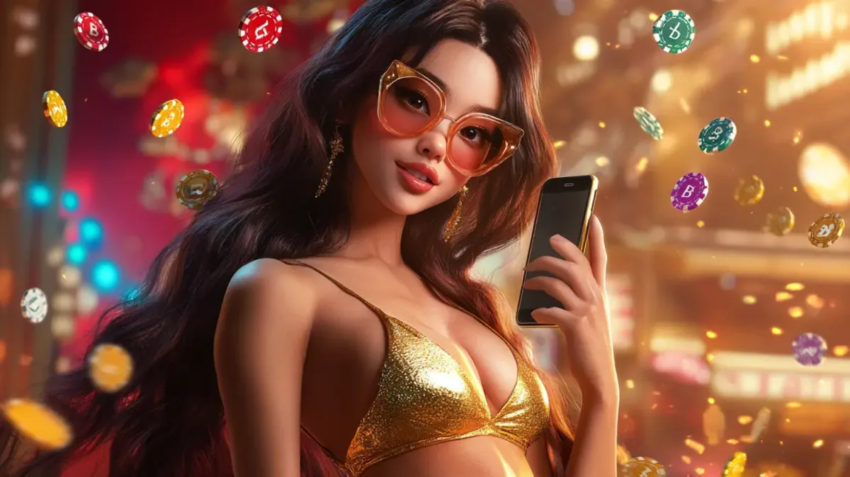 Uma mulher com óculos de sol e um biquíni dourado sorri enquanto segura um celular, cercada por fichas de cassino coloridas flutuando no ar em um ambiente de cassino.