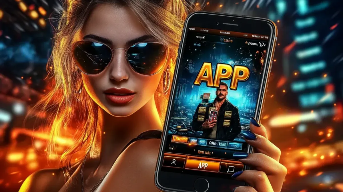 Uma mulher loira de óculos de sol segurando um smartphone que exibe a tela de um aplicativo de cassino com a palavra APP em destaque, em um cenário de cidade noturna.