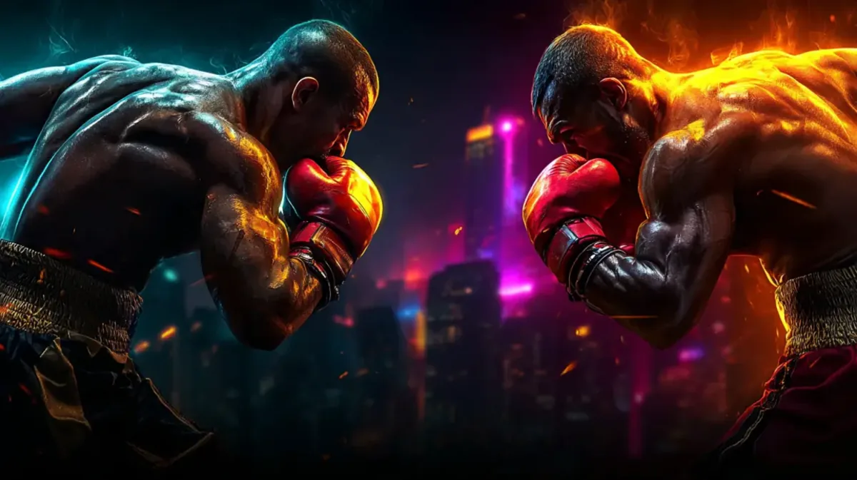 Dois boxeadores musculosos se enfrentando em um ringue com um fundo de cidade noturna, representando a intensidade das apostas em lutas e esportes de combate.