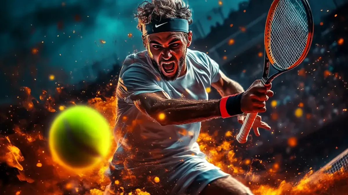 Um tenista em ação intensa, gritando ao se preparar para bater na bola, cercado por faíscas e energia, imagem promocional para apostas em tênis.