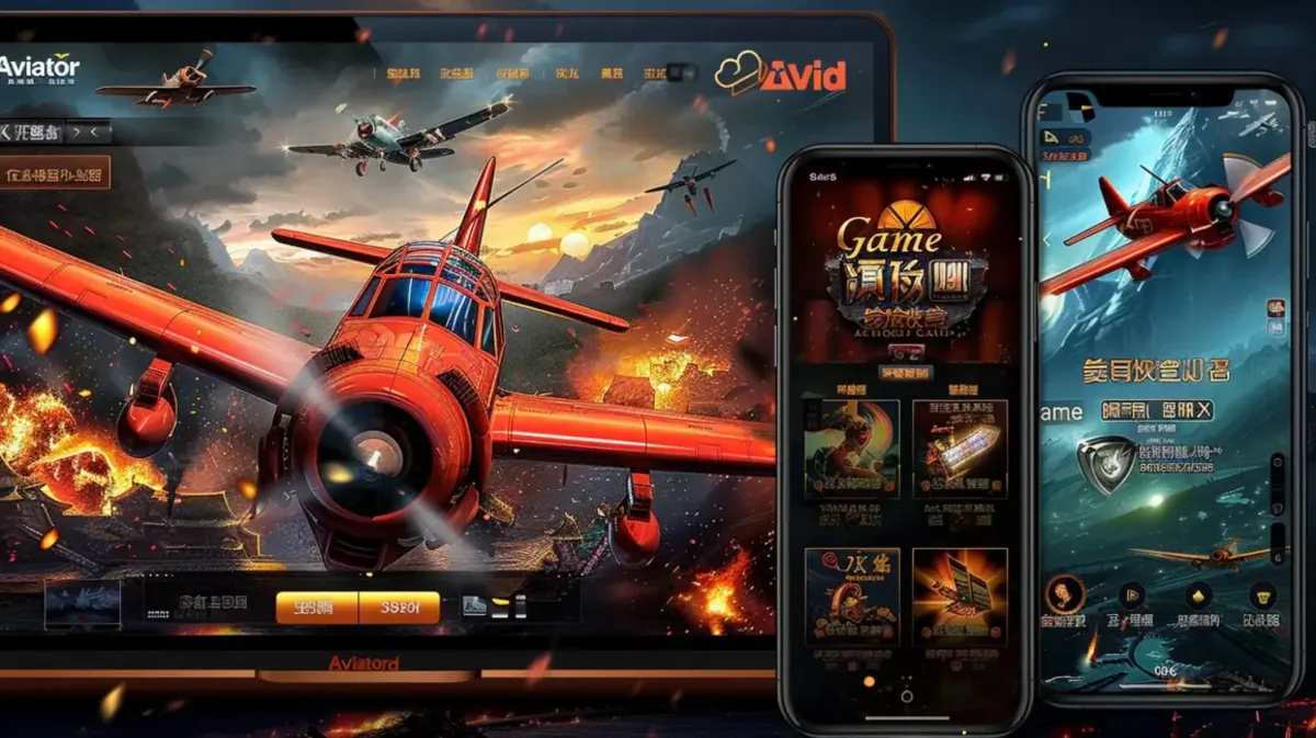 O jogo Aviator exibido em múltiplos dispositivos, incluindo um laptop e dois smartphones, mostrando a acessibilidade do jogo em diferentes plataformas.