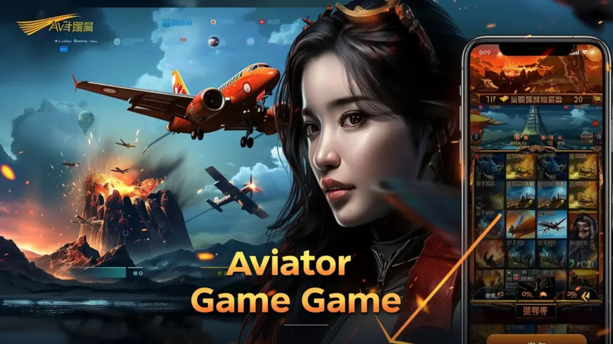 Promoção do jogo Aviator mostrando uma mulher, um avião sobrevoando montanhas e a interface do jogo em um celular, com o texto Aviator Game Game.