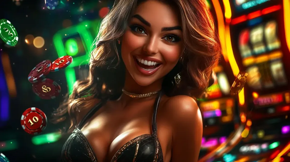 Uma bela mulher com orelhas de raposa e um vestido vermelho ornamentado em um cenário festivo com moedas de ouro, representando um bônus de boas-vindas luxuoso.