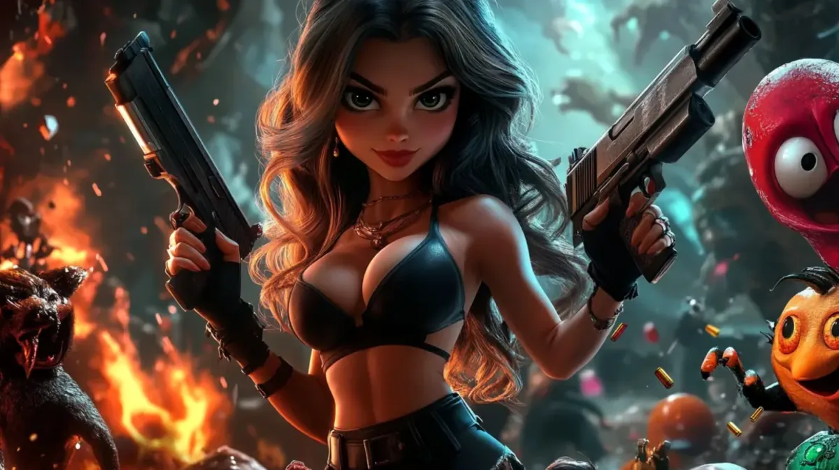 Uma personagem feminina de estilo anime segurando duas pistolas em meio a uma cena de ação com explosões e fogo, representando um tema de caça-níqueis de aventura.
