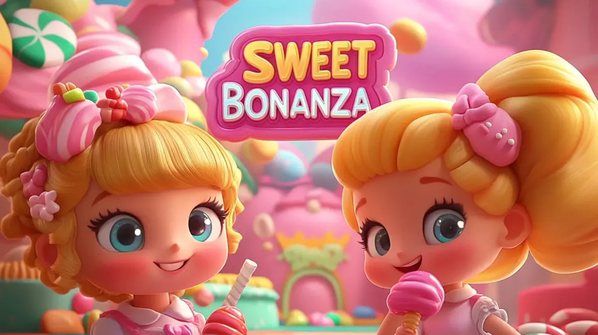 Duas personagens de anime em um mundo de doces e sobremesas coloridas, com o logotipo do jogo Sweet Bonanza em destaque, promovendo um caça-níqueis doce e divertido.