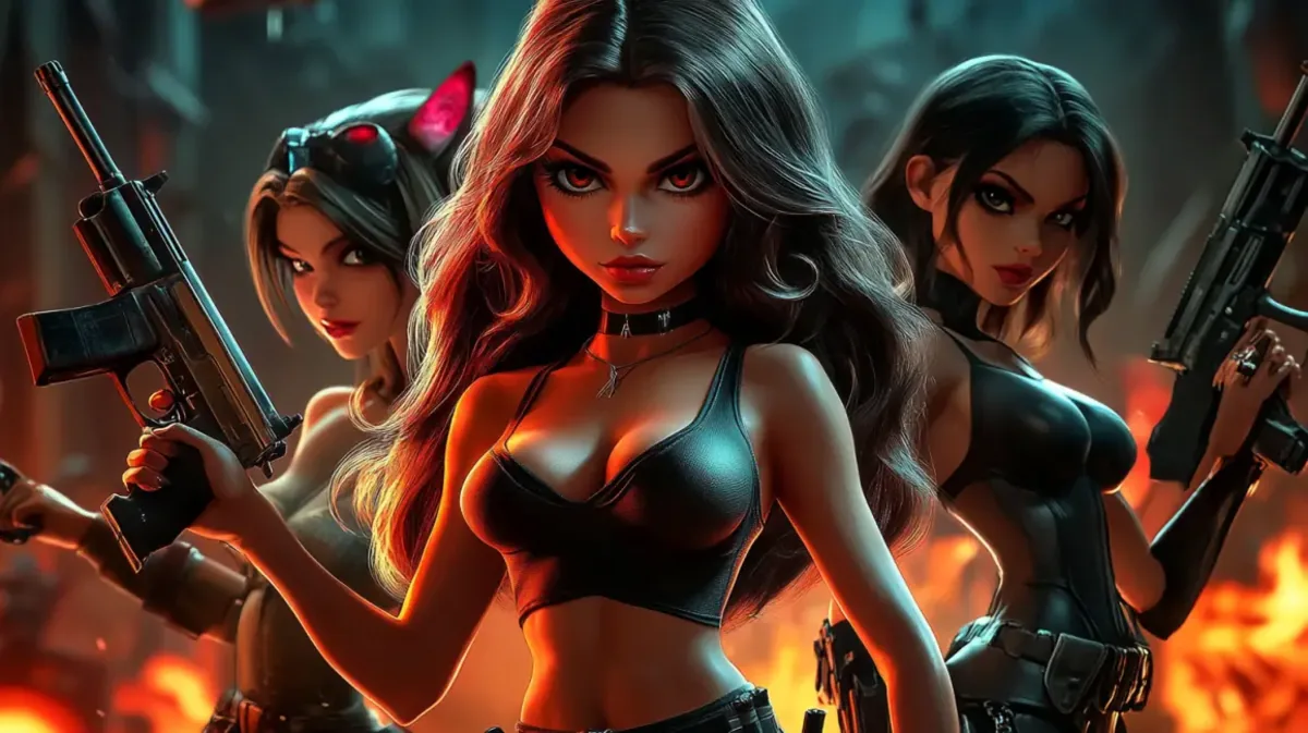 Três mulheres em trajes táticos segurando armas em uma cena de ação, sugerindo um jogo de cassino ao vivo com tema de espionagem para uma experiência imersiva.