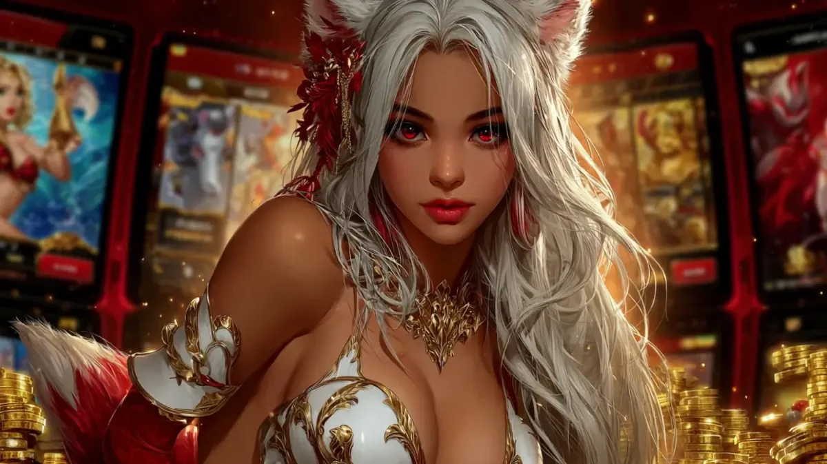 Uma mulher com cabelo branco, orelhas de raposa e um vestido branco e dourado em um ambiente de cassino ao vivo, cercada por pilhas de moedas de ouro.