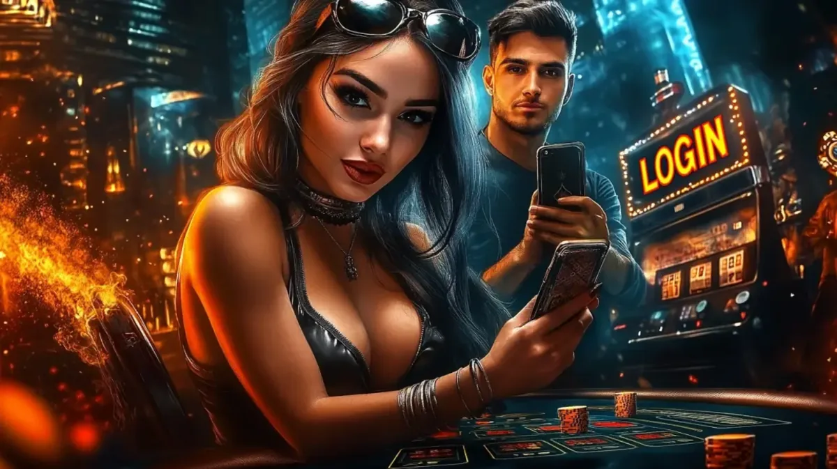 Um casal em uma mesa de cassino usando seus celulares, com uma máquina de caça-níqueis ao fundo iluminada com a palavra LOGIN em letras grandes e brilhantes.