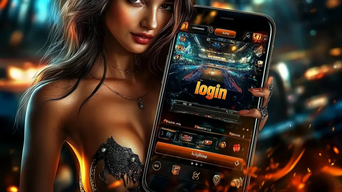 Uma mulher mostrando a tela de um smartphone com a interface de um aplicativo de jogos de cassino, destacando a tela de login com um botão laranja para acesso rápido.