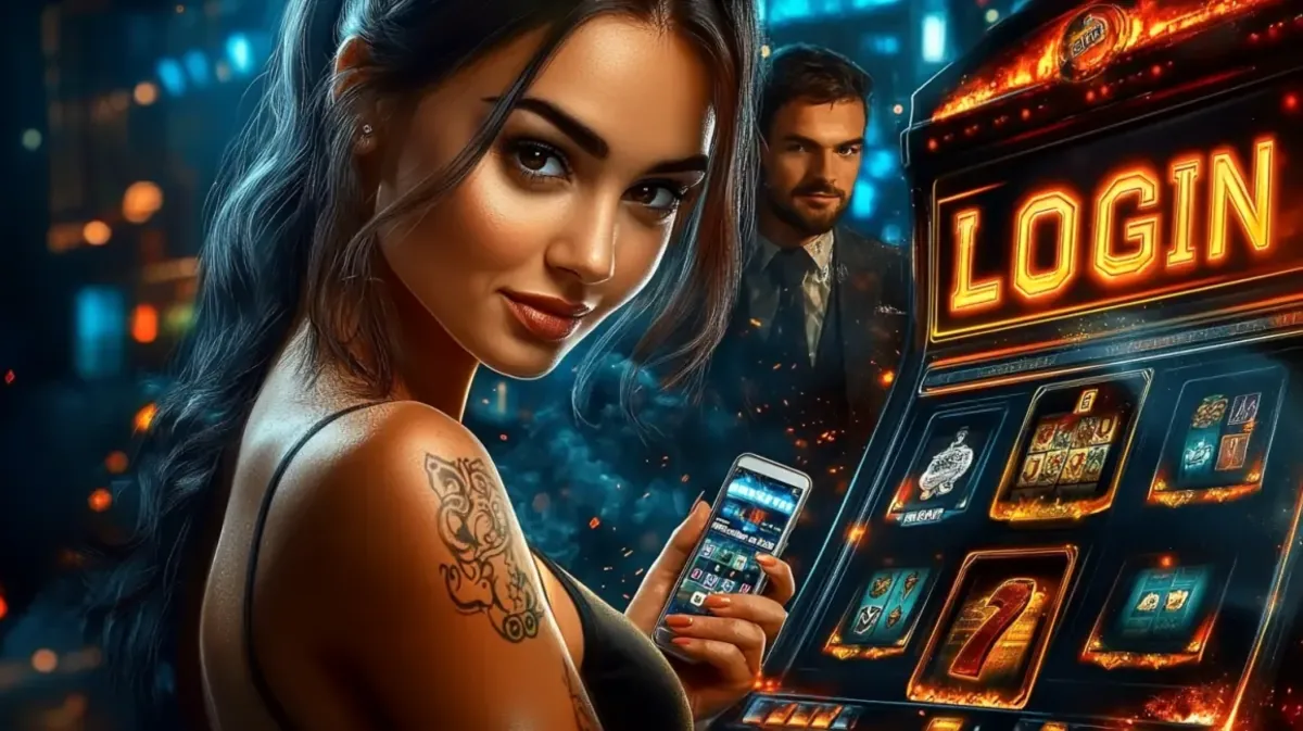 Uma mulher olhando para a câmera enquanto segura um celular, com uma máquina de caça-níqueis exibindo a palavra LOGIN em néon laranja brilhante ao fundo.