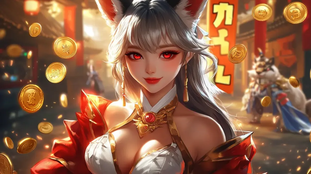 Personagem de anime com orelhas de raposa e cabelo prateado sorri, cercada por moedas de ouro flutuantes em um cenário de templo asiático festivo, representando sorte e riqueza.