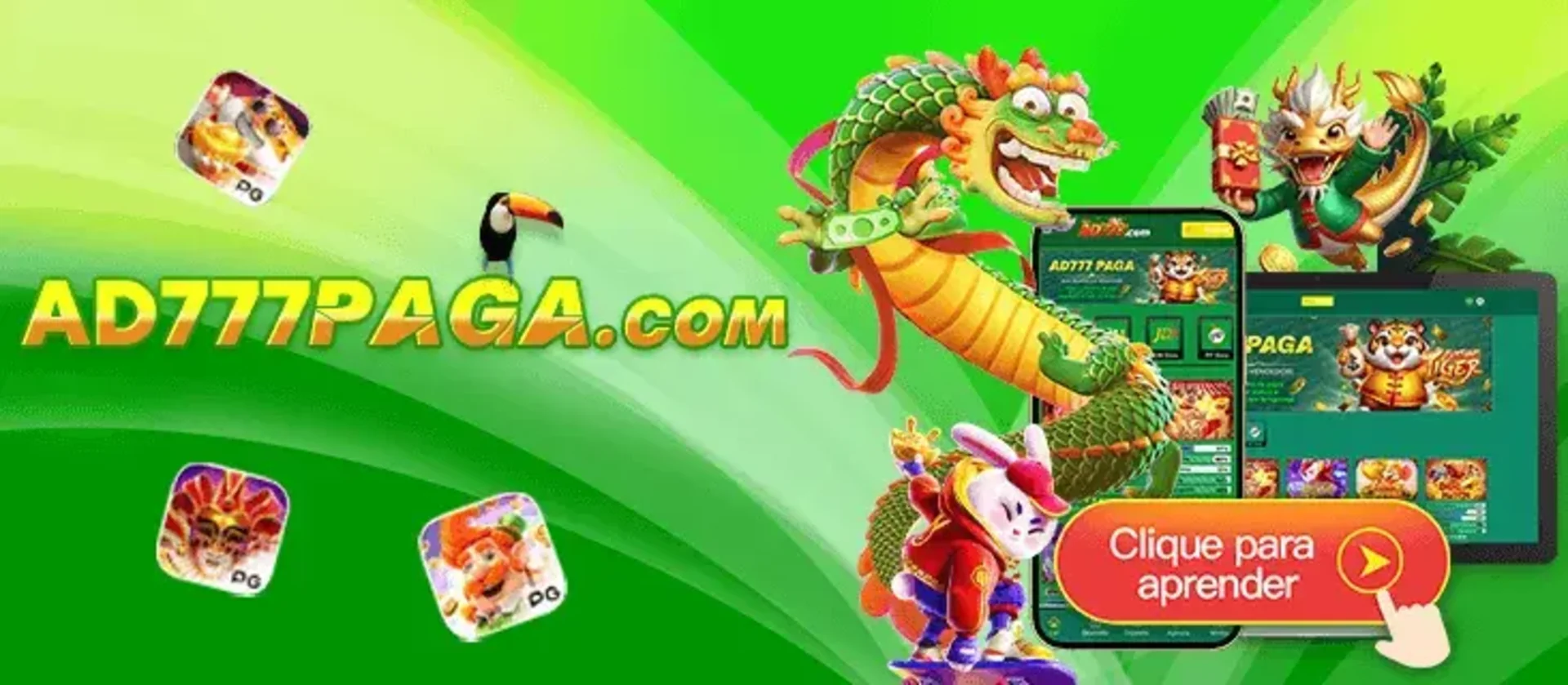 Banner da plataforma de jogos online AD777PAGA.com, mostrando vários personagens como dragão e coelho, e a interface dos jogos em celular e tablet.