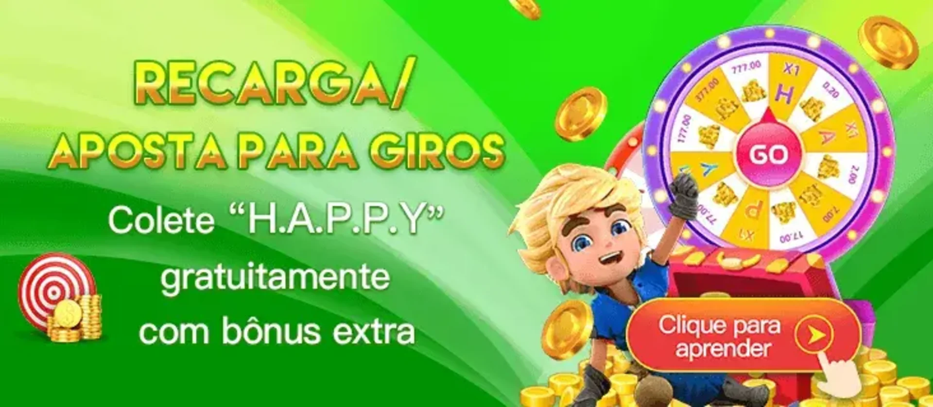 Banner promocional da AD777PAGA sobre a promoção de recarga e aposta para giros, onde você pode coletar as letras H.A.P.P.Y para ganhar um bônus extra.